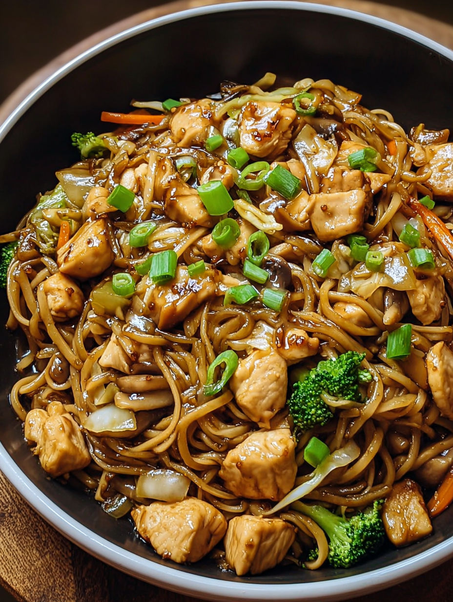 A bowl of garlic chicken lo mein.