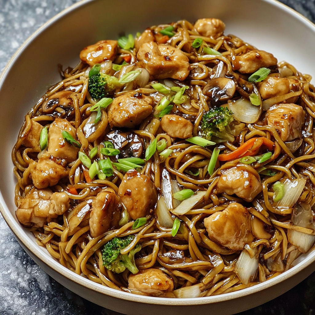 A plate of garlic chicken lo mein.