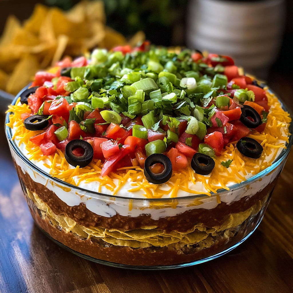 A seven layer taco dip with tomatoes, olives, and cheese.