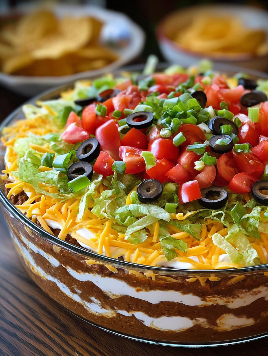 A seven layer taco dip with lettuce, tomatoes, olives, and cheese.
