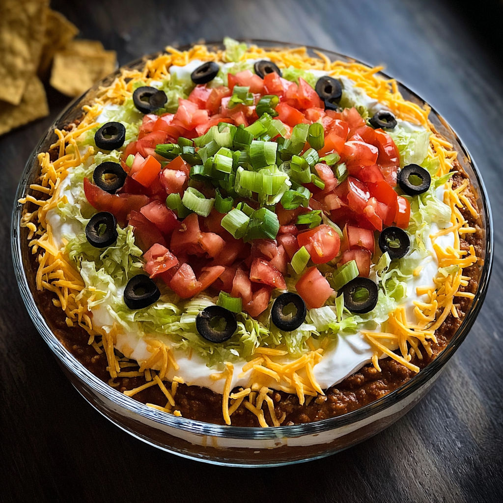 A seven layer taco dip with tomatoes, olives, and lettuce.