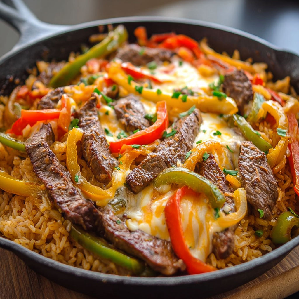 A skillet with a fajita steak and peppers.