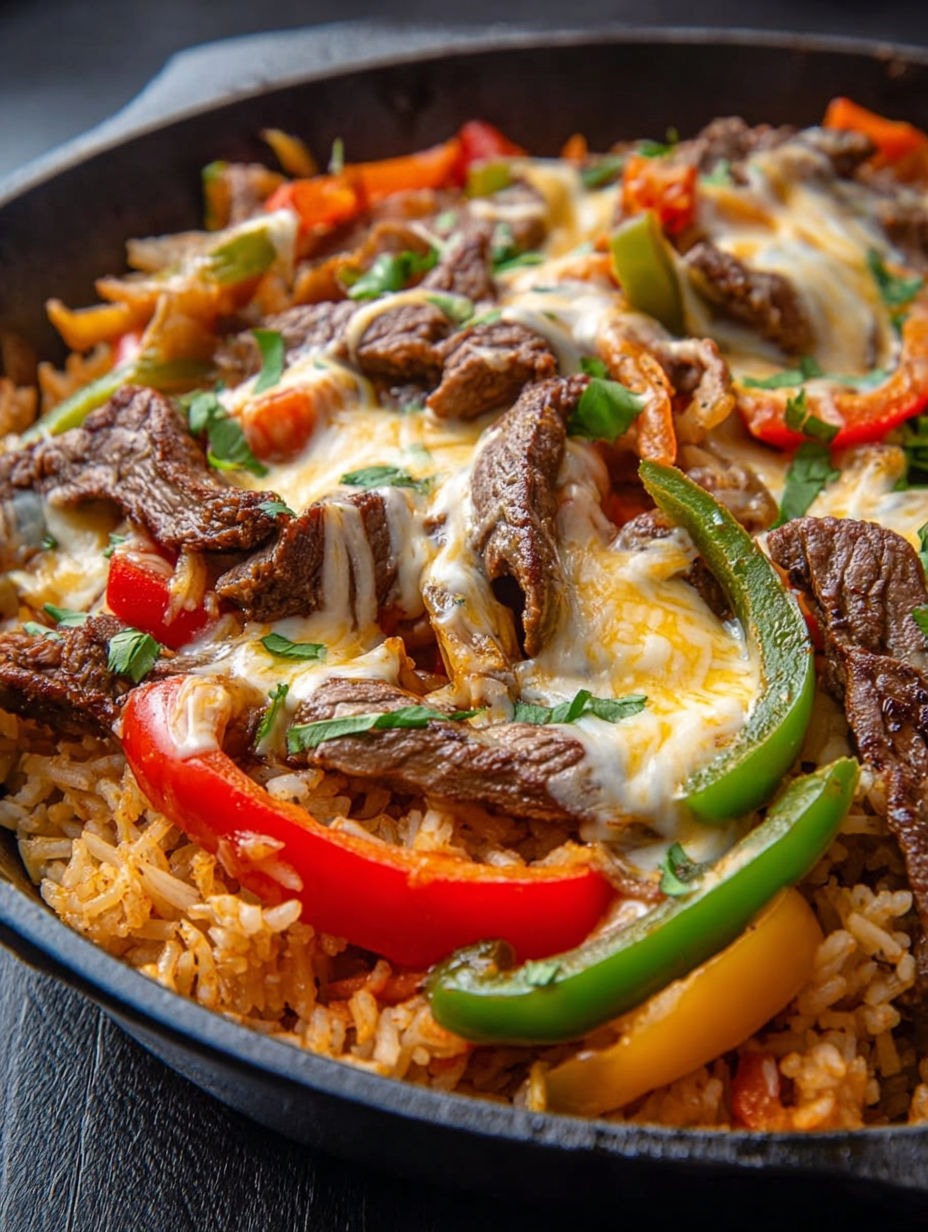 A skillet with a fajita steak and peppers.