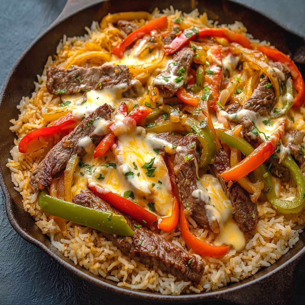 A skillet of steak and peppers.