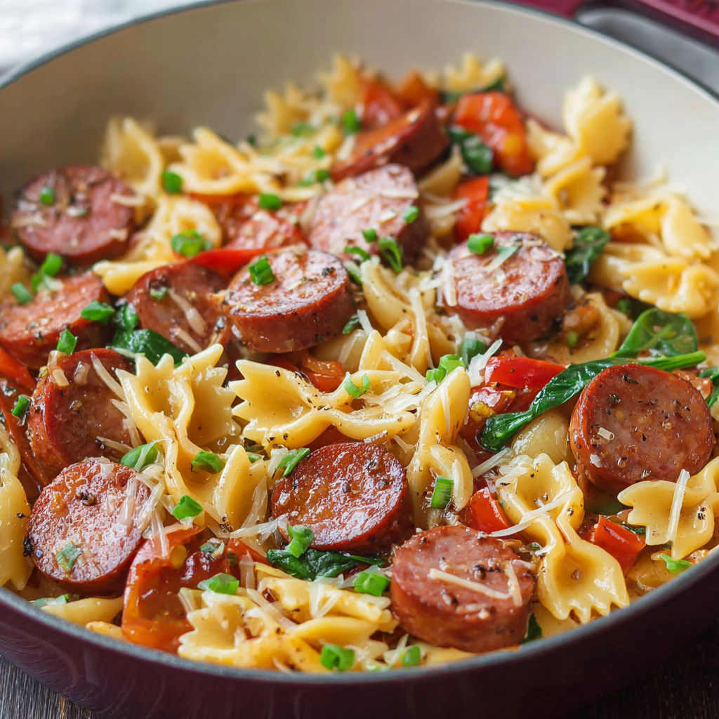 A bowl of pasta with sausage and vegetables.