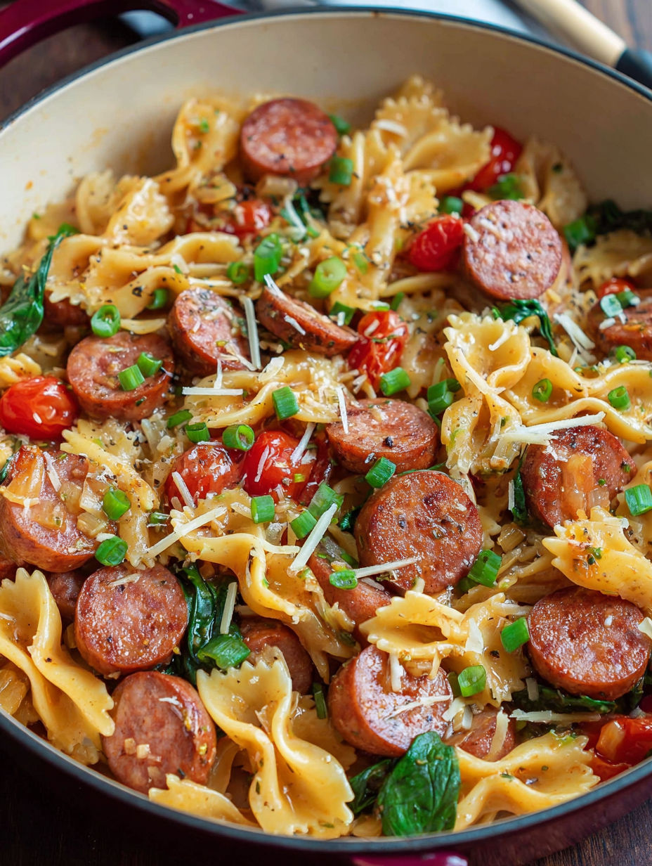 A bowl of pasta with sausage and vegetables.