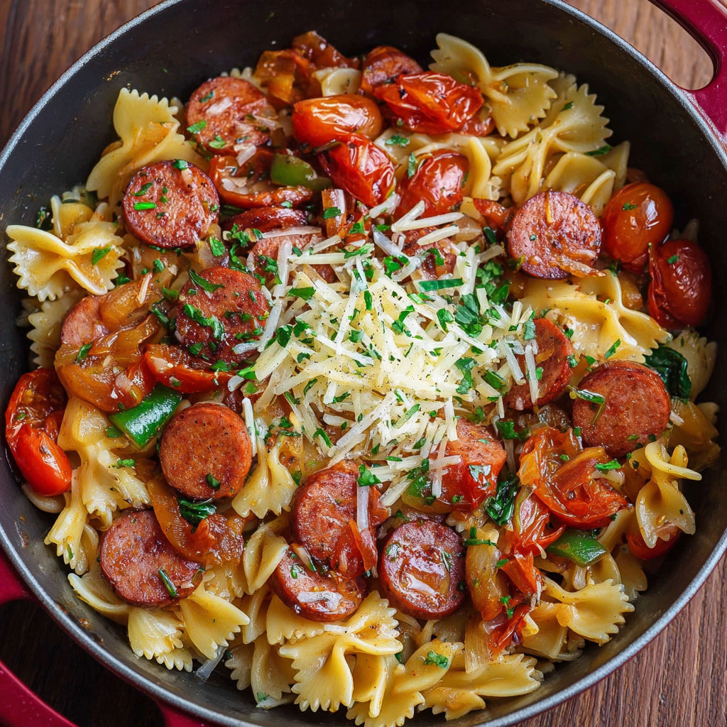 A delicious one pot meal of kielbasa and pasta.