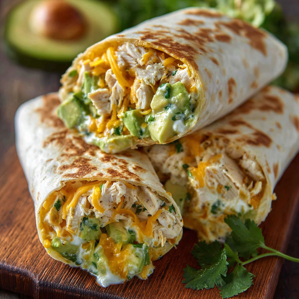 Two chicken avocado ranch burritos on a wooden table.