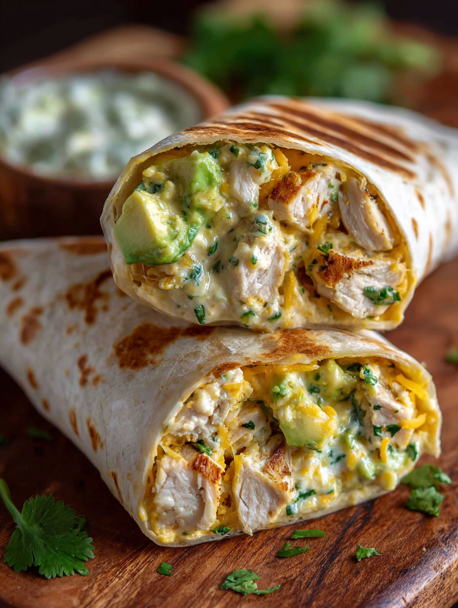Two chicken avocado ranch burritos on a table.