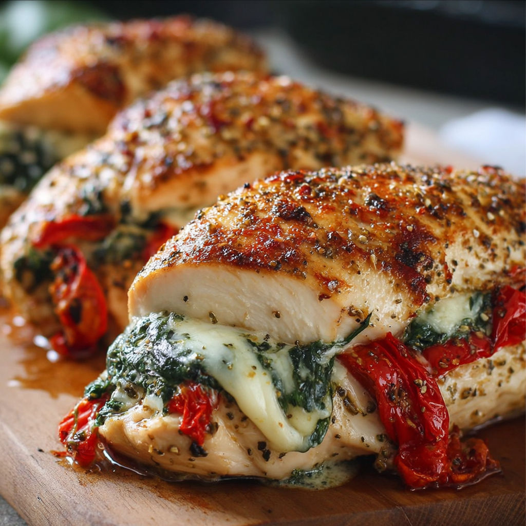 A chicken breast with spinach and mozzarella cheese.