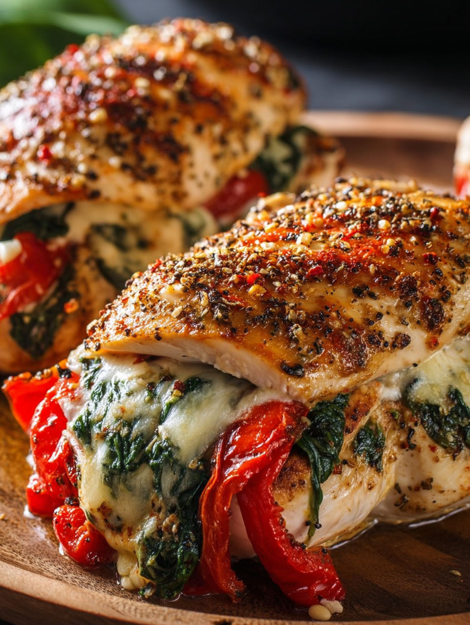 A plate of roasted red pepper spinach mozzarella chicken.