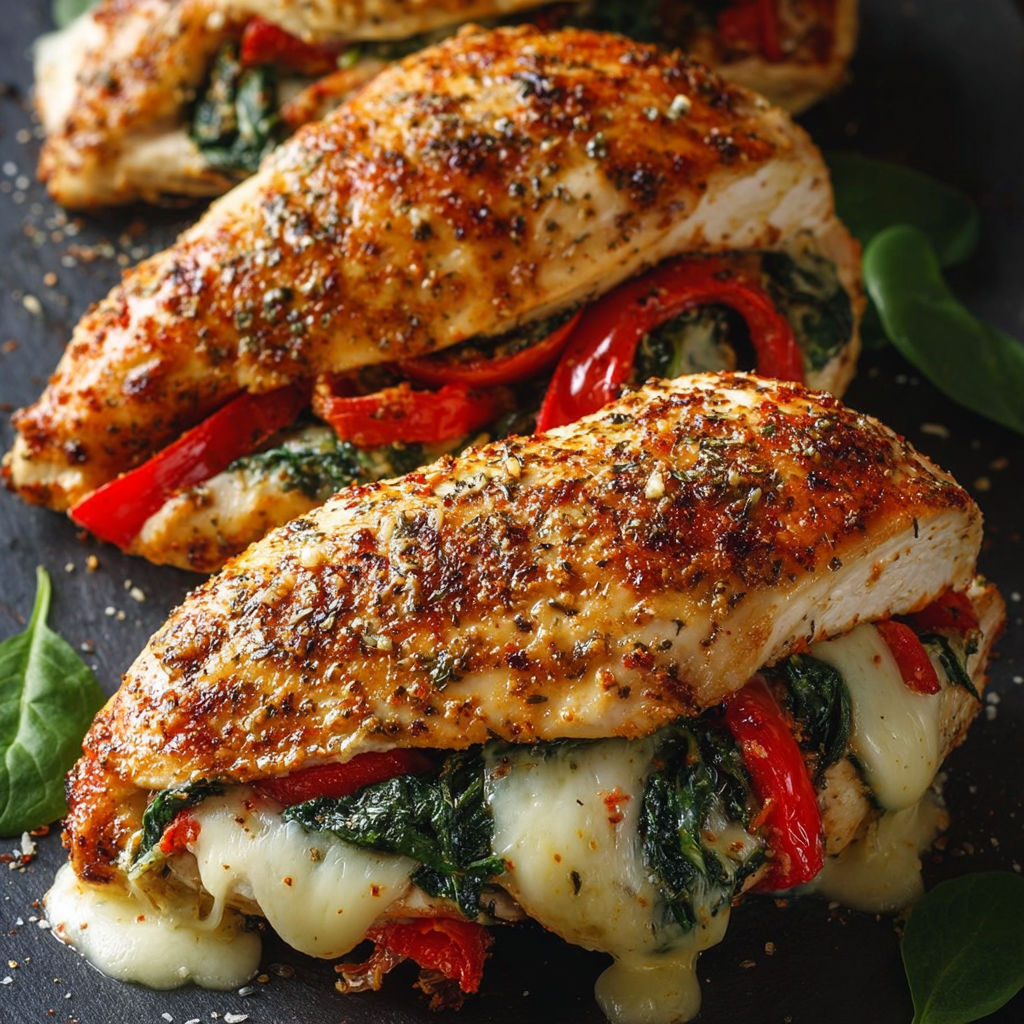 A piece of chicken with spinach and mozzarella cheese.