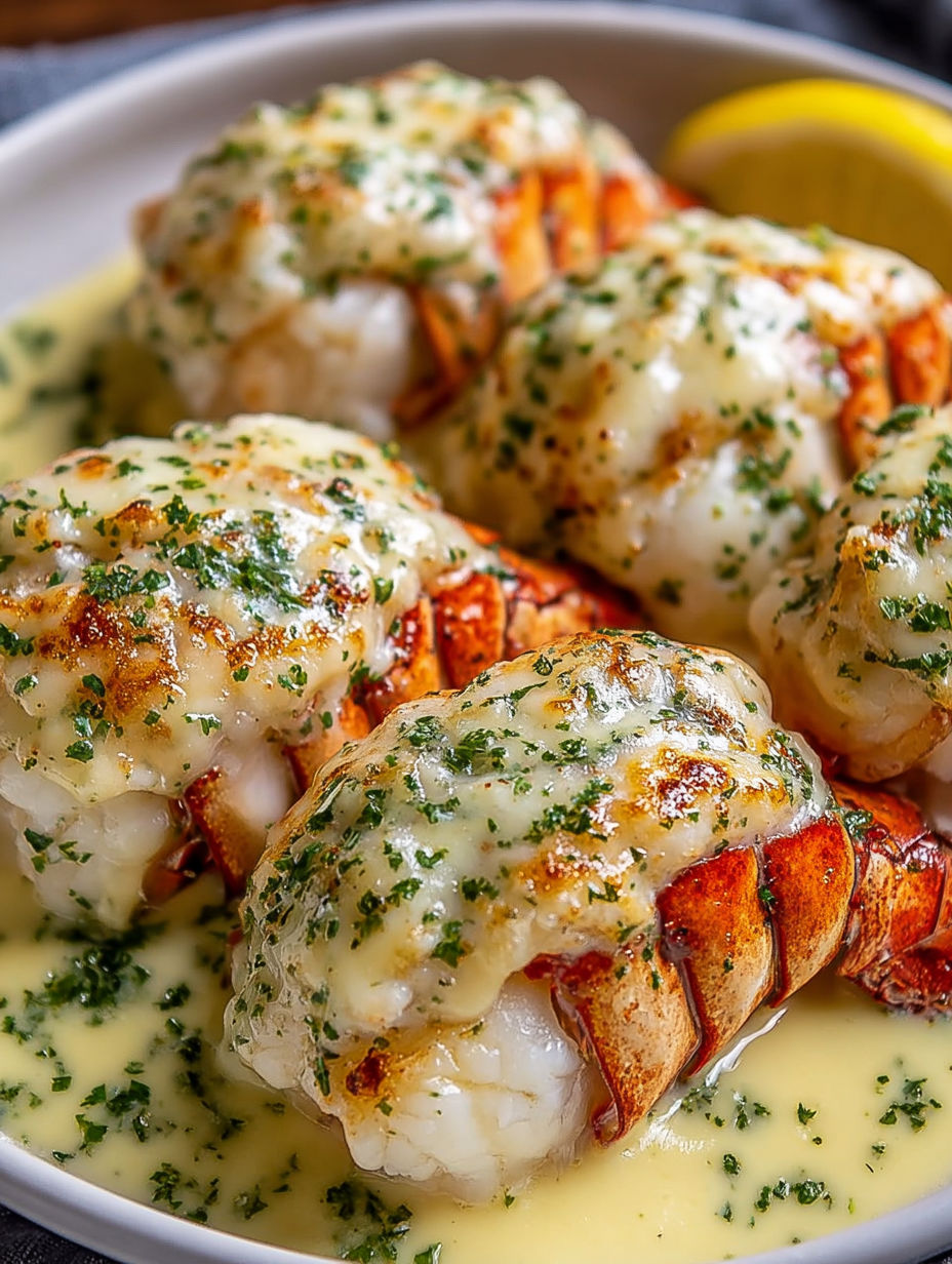 Broiled lobster with creamy garlic butter.