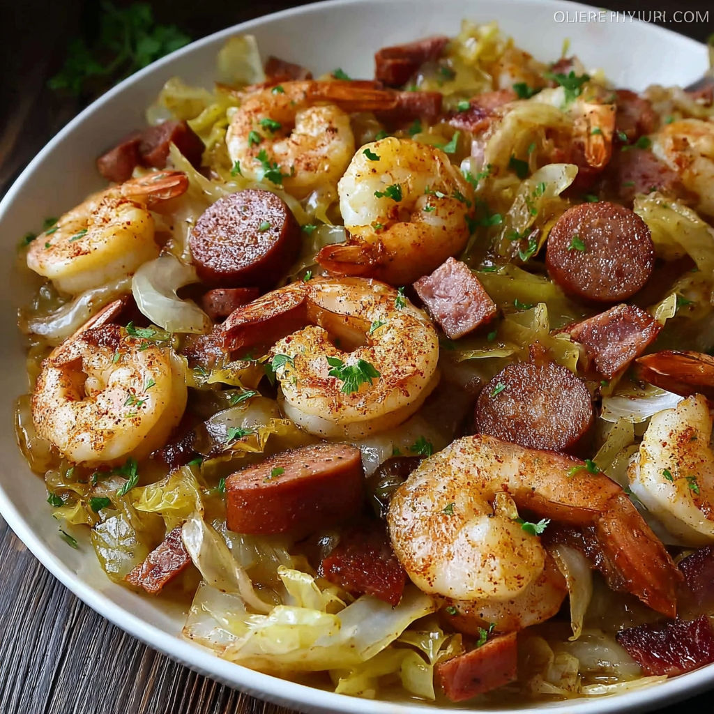 A white bowl filled with shrimp, sausage, and bacon.