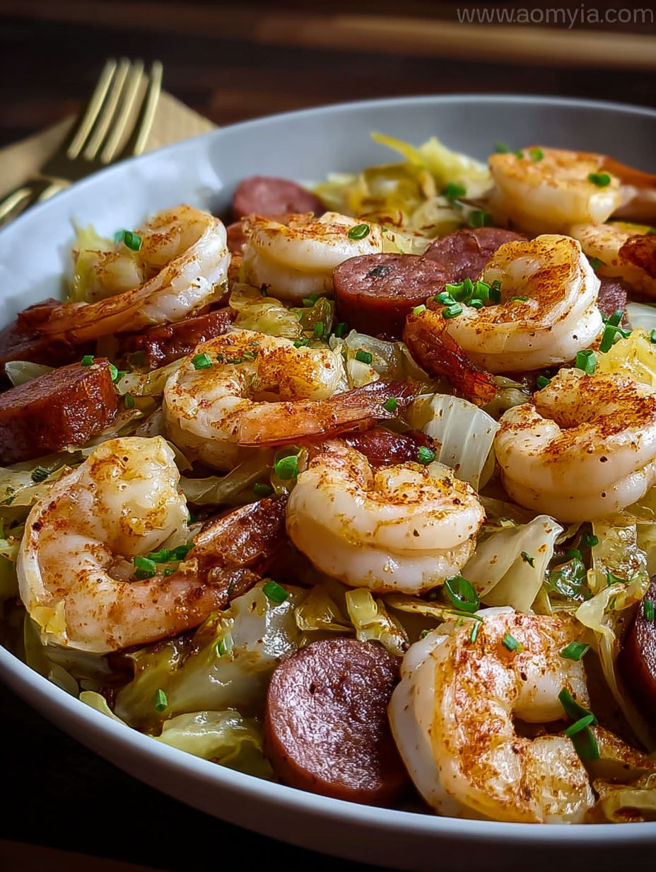 A plate of food with shrimp, sausage, and bacon.