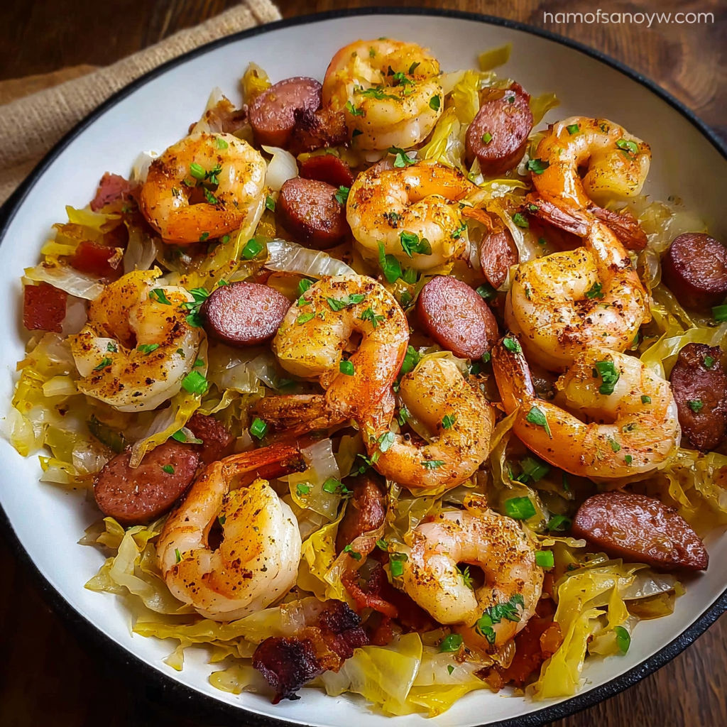 A bowl of shrimp, sausage, and bacon with a side of cabbage.