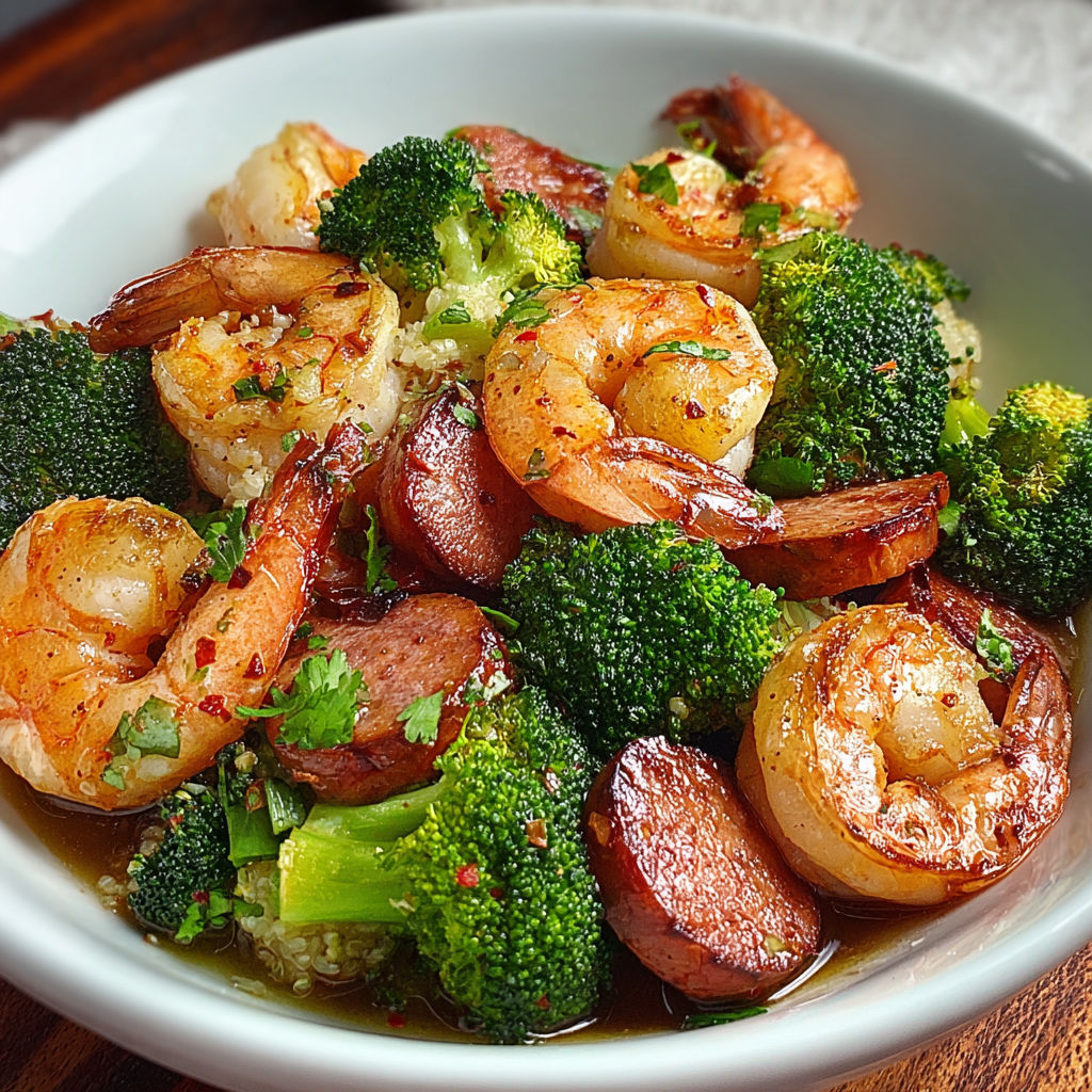 A bowl of garlic shrimp sausage and broccoli.