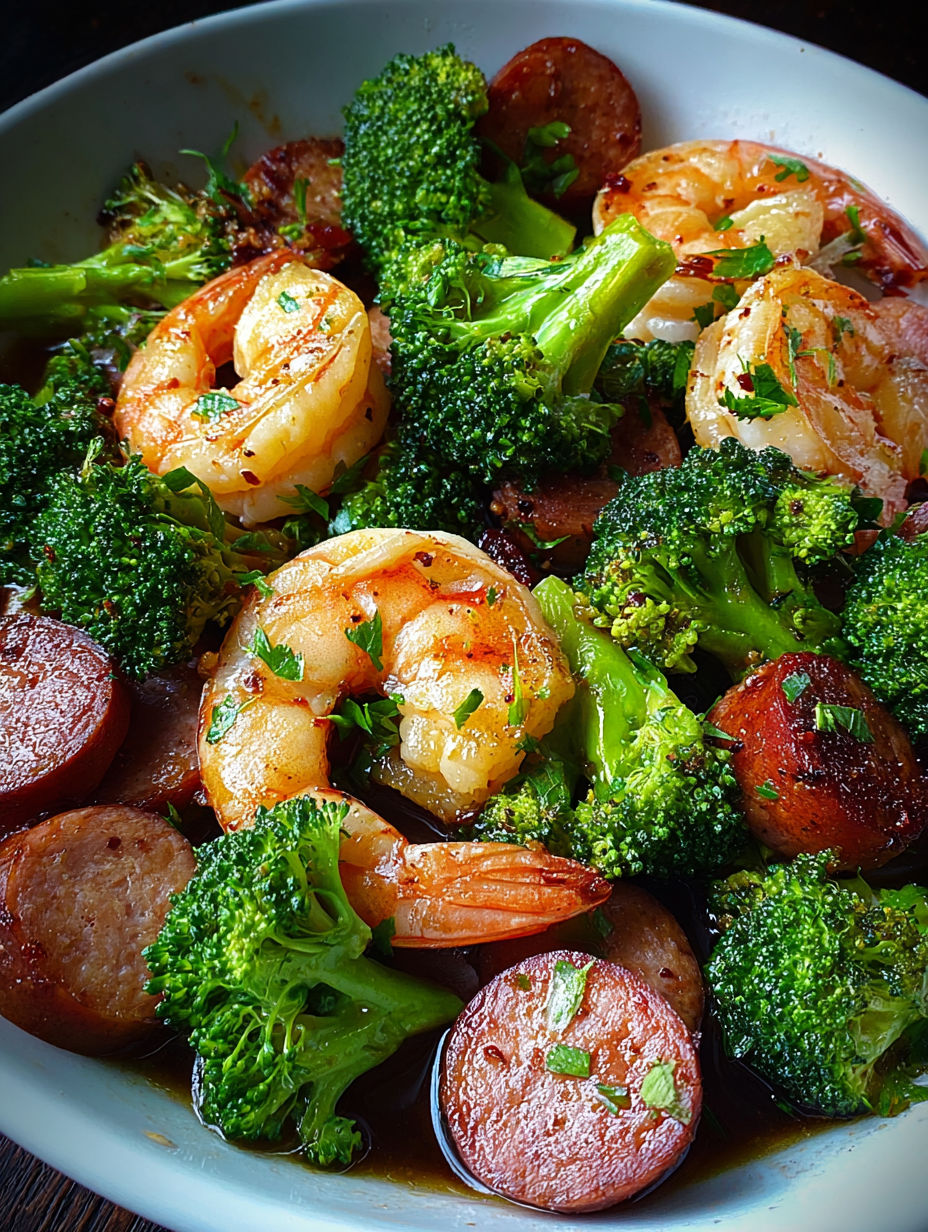 A plate of garlic shrimp sausage and broccoli.