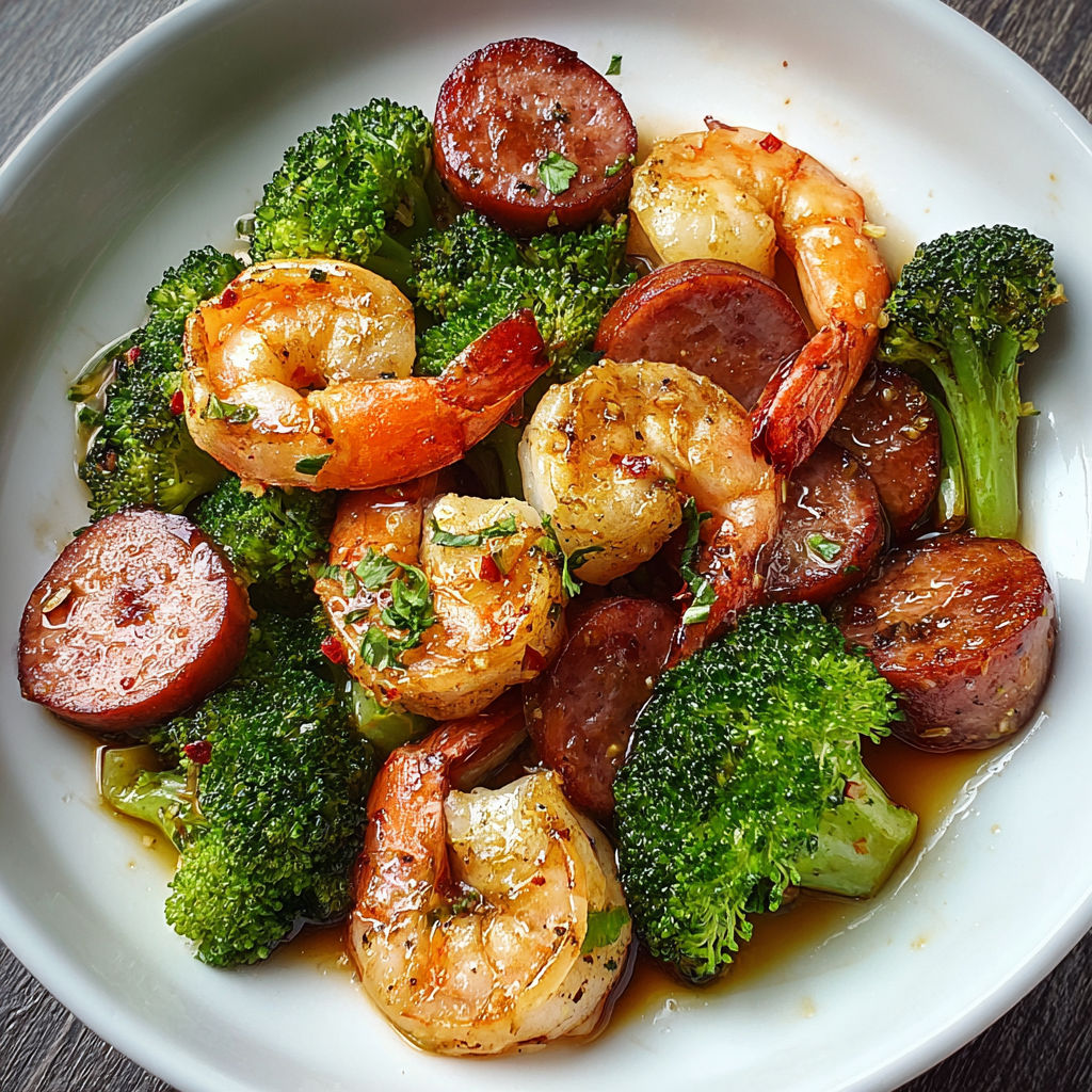 A plate of shrimp, sausage, and broccoli.