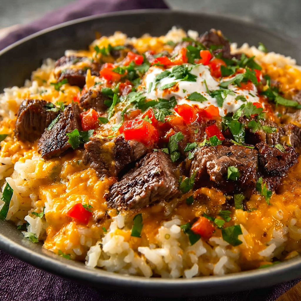 A bowl of rice, meat, and cheese.