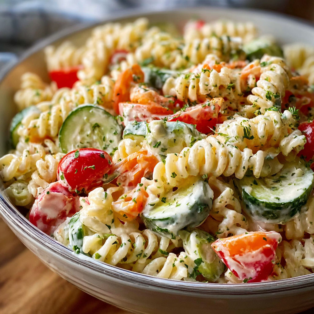 A bowl of pasta salad with tomatoes, cucumbers, and cheese.