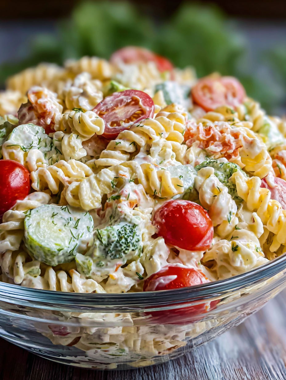 A bowl of pasta salad with tomatoes, broccoli, and cucumbers.