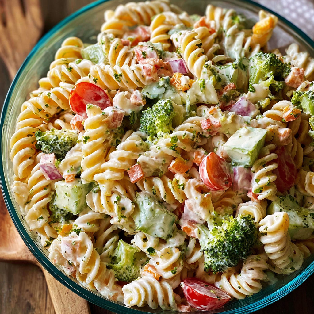 A bowl of pasta salad with broccoli and tomatoes.