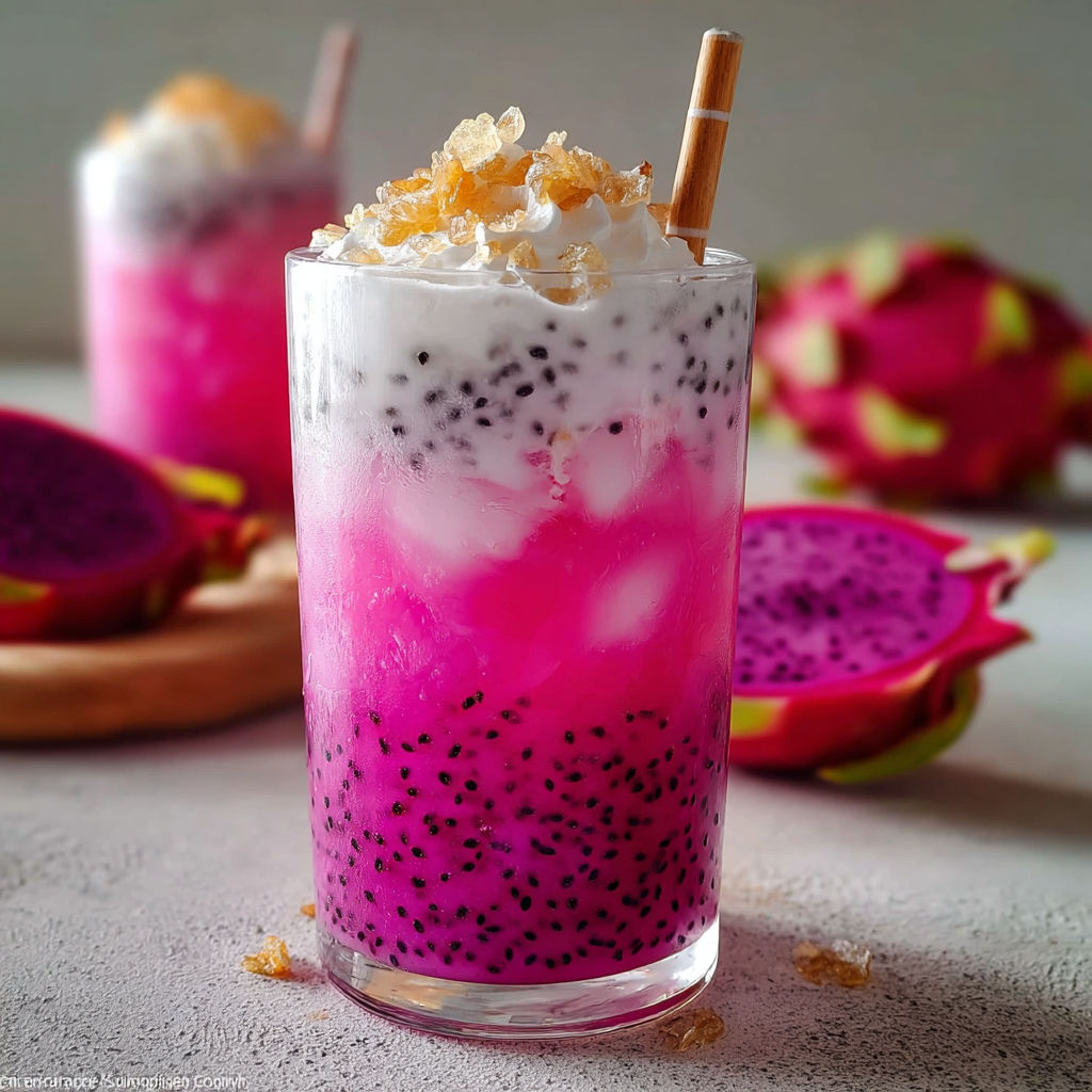 A glass of pink dragon fruit drink.