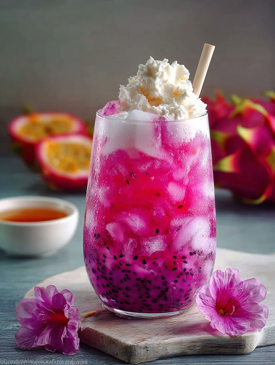 A glass of pink dragon fruit drink with white cream on top.
