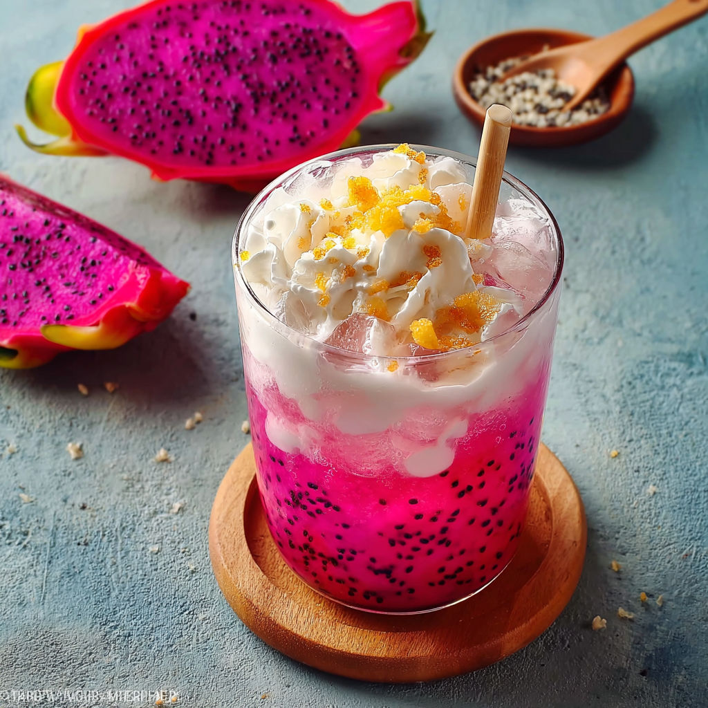 A glass of pink dragon fruit juice with a wooden spoon in it.