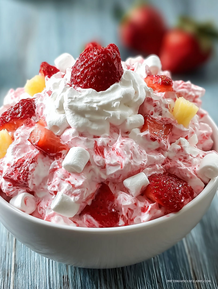 A bowl of strawberry fluff salad.