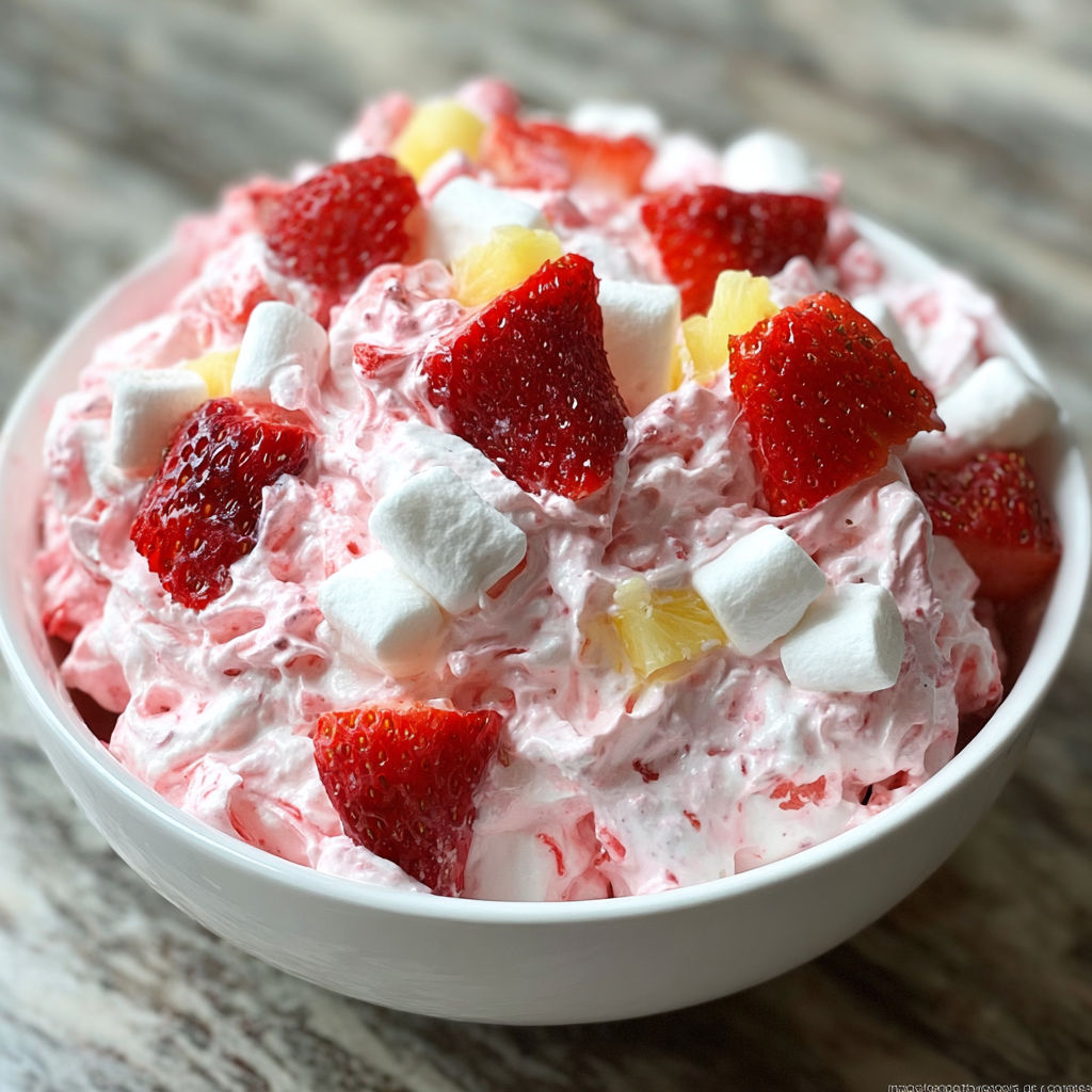 A bowl of strawberry fluff salad.