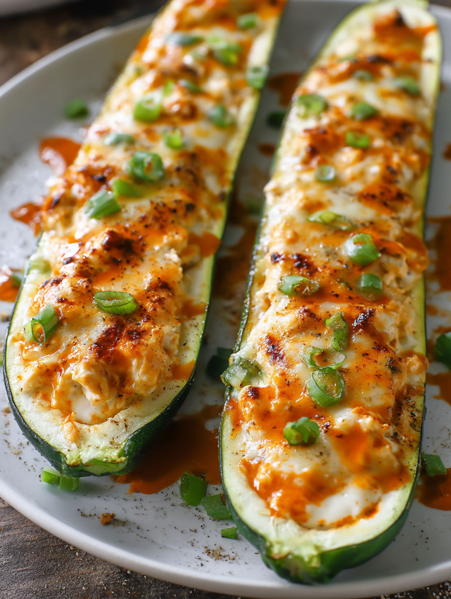 Two slices of zucchini boats with buffalo sauce.