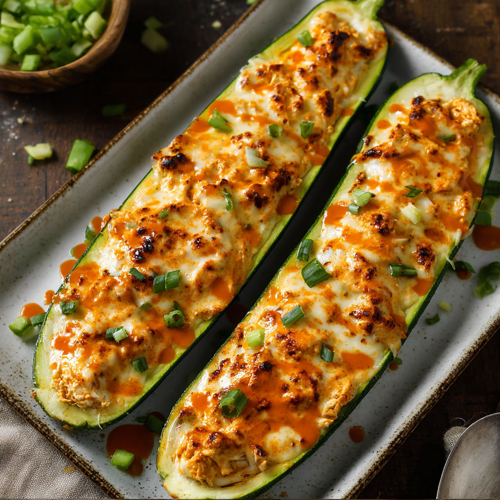 Two zucchini boats with buffalo sauce.