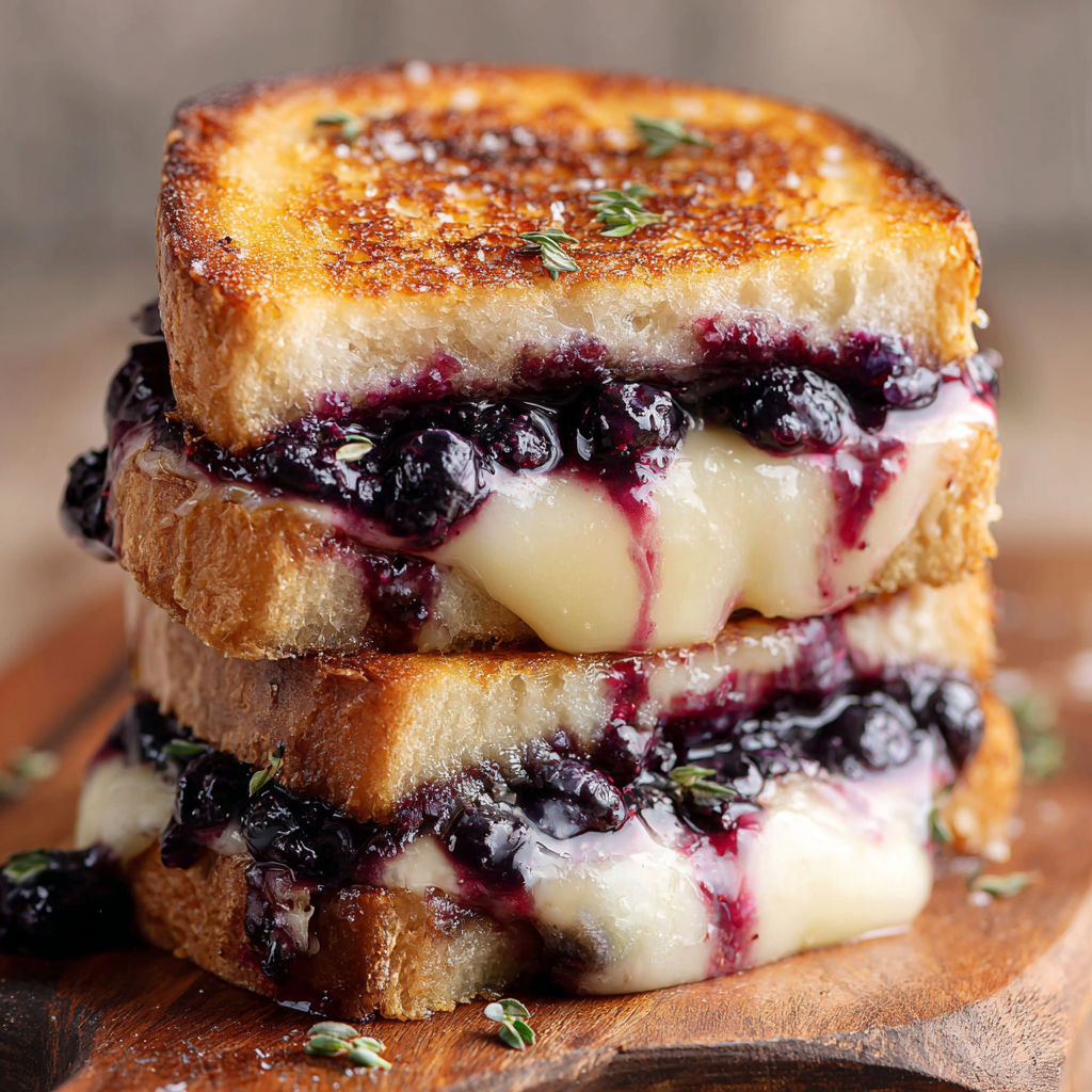 Three grilled cheese sandwiches with blueberries on top.