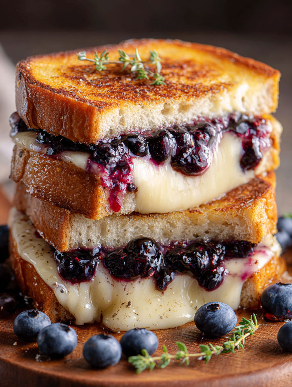 A stack of grilled cheese sandwiches with blueberries on top.