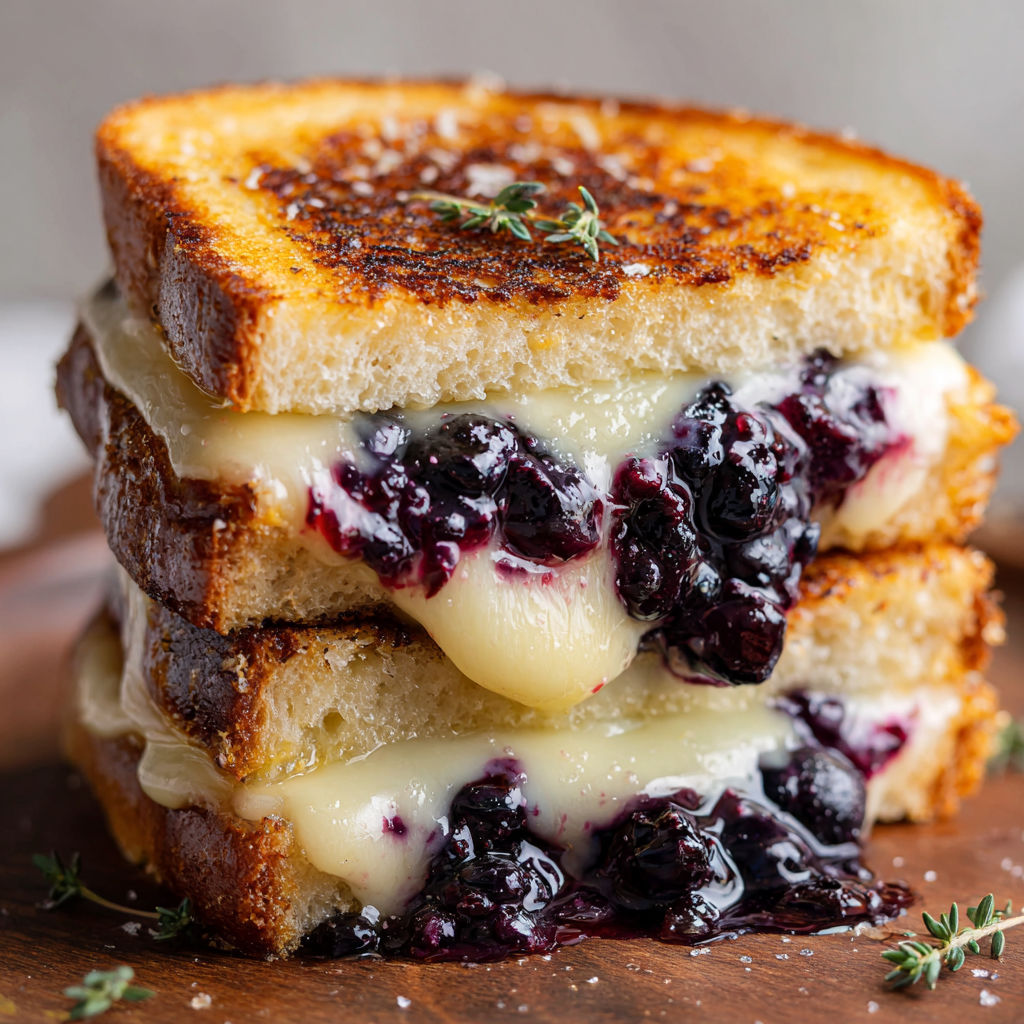 A stack of grilled cheese sandwiches with blueberries on top.