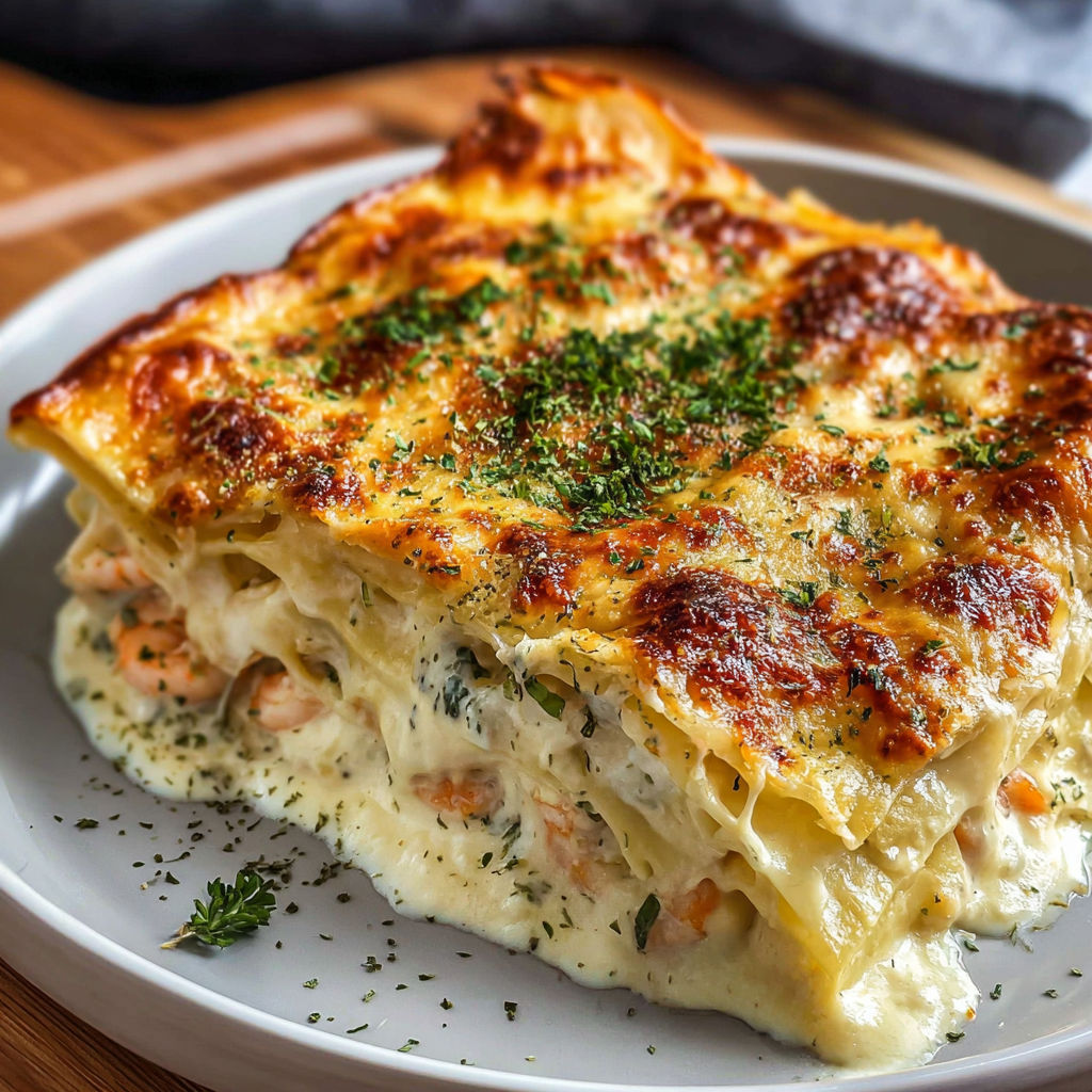 A plate of seafood lasagna with creamy cheese.