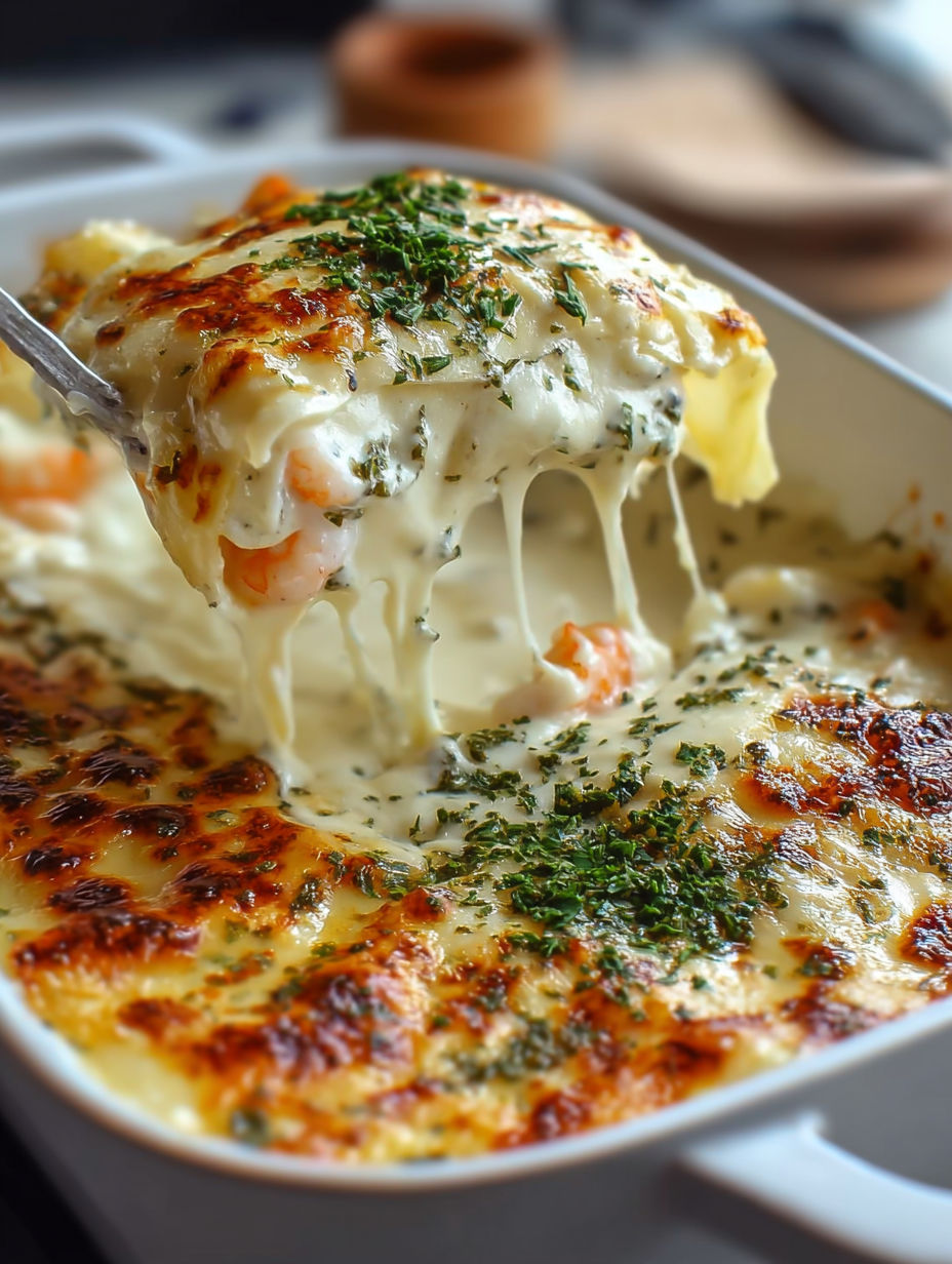 A close up of a seafood lasagna with creamy cheese.