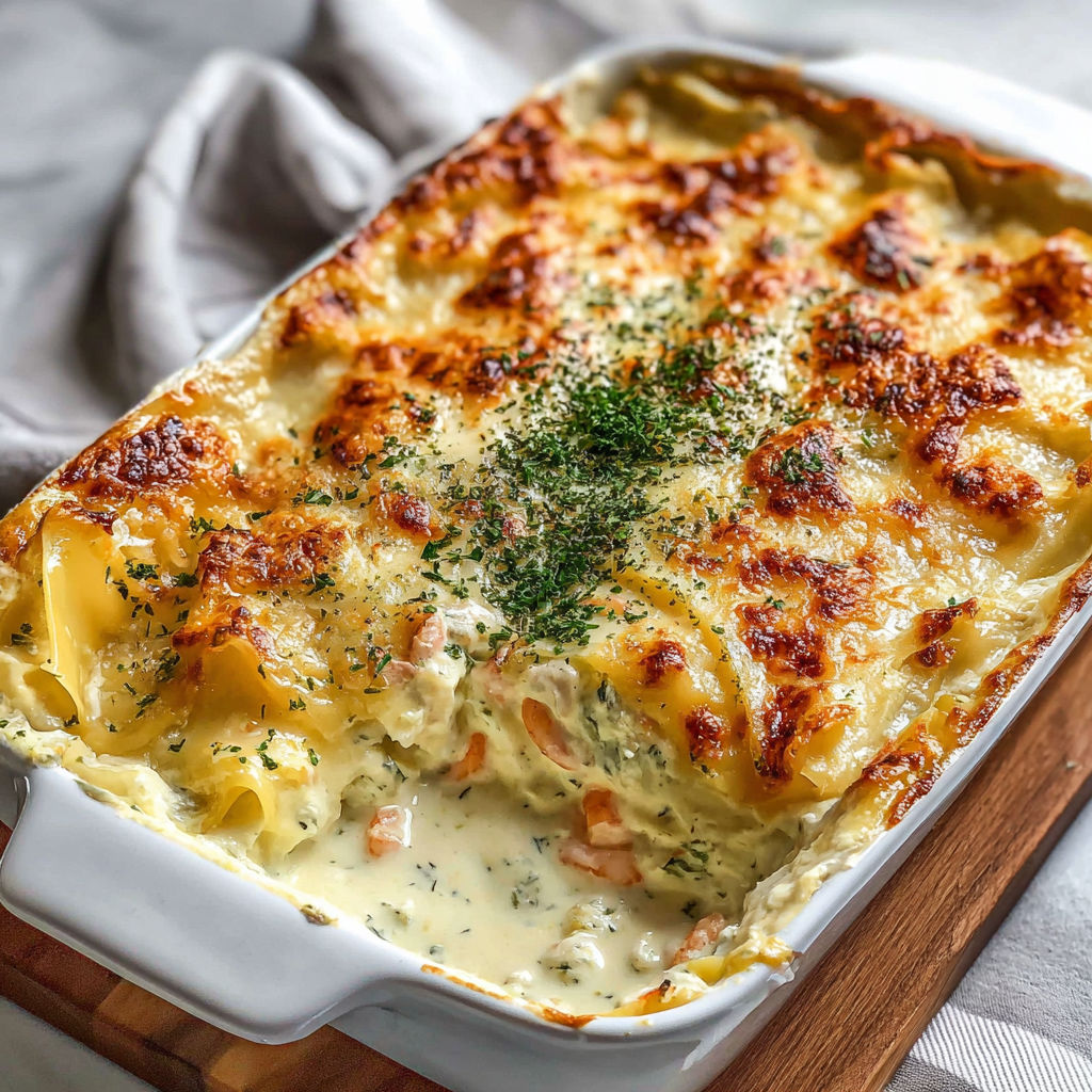 A white plate with a seafood lasagna.