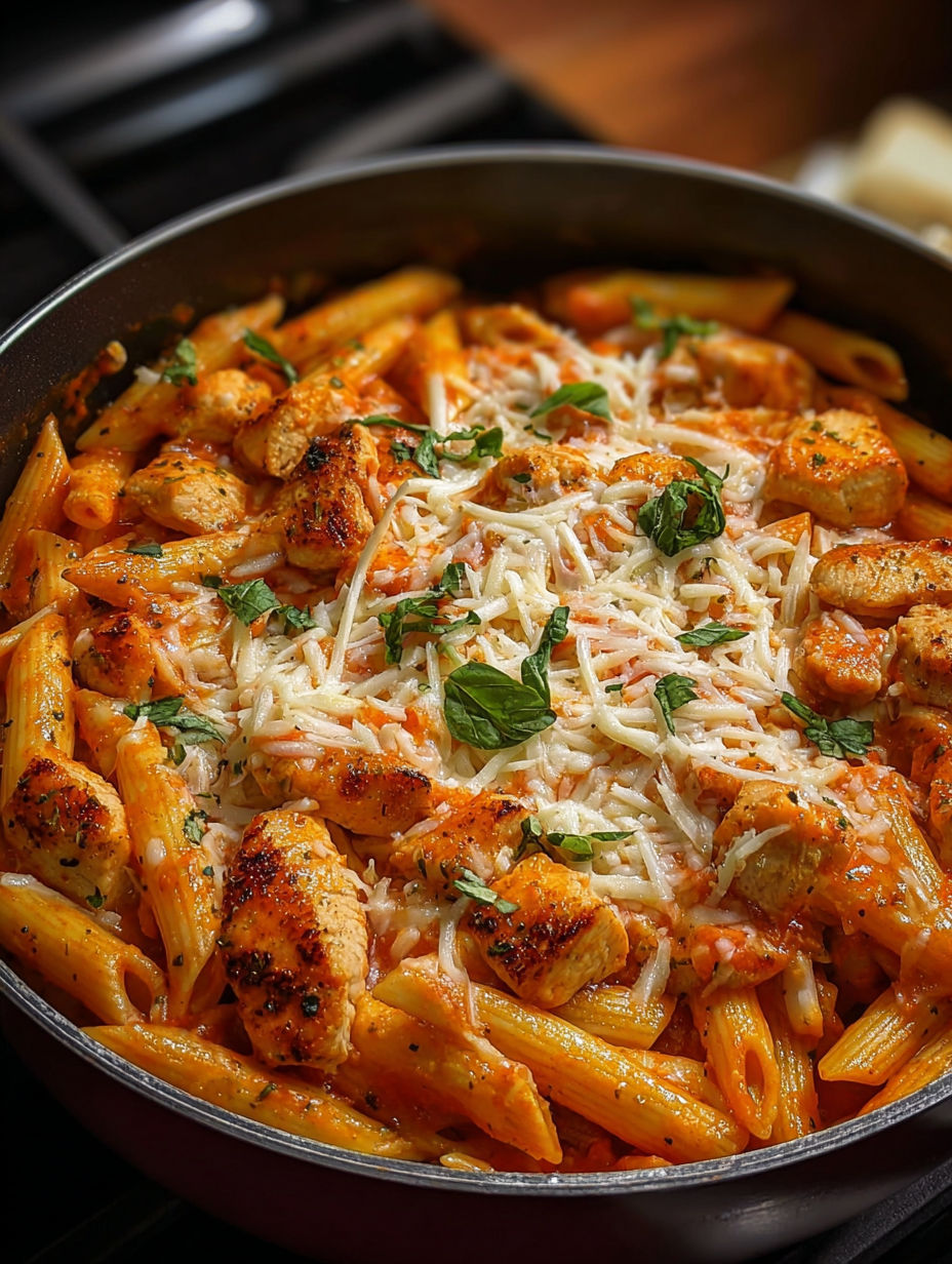 A delicious one pot chicken parmesan pasta.