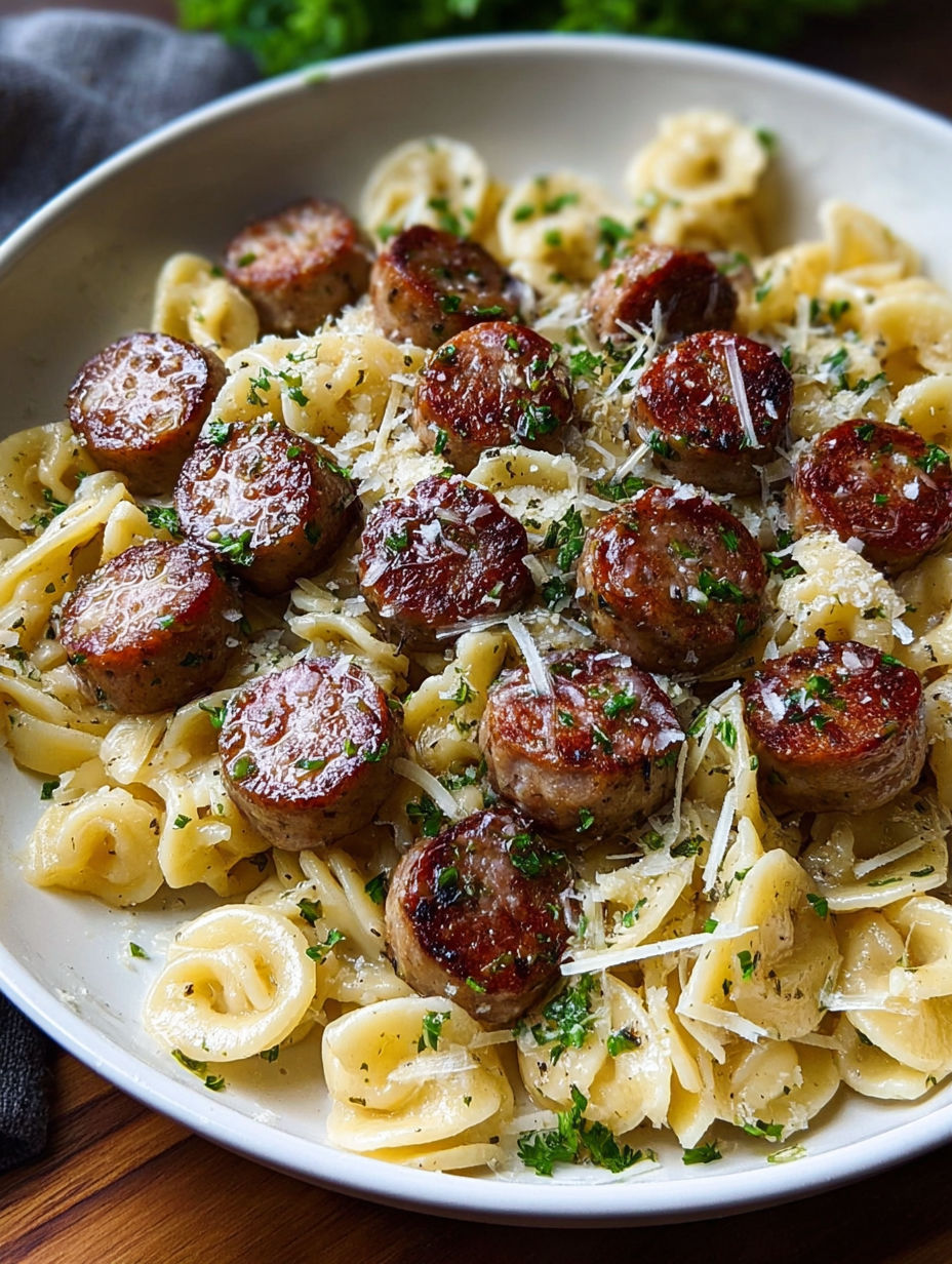A plate of garlic butter sausage bites.