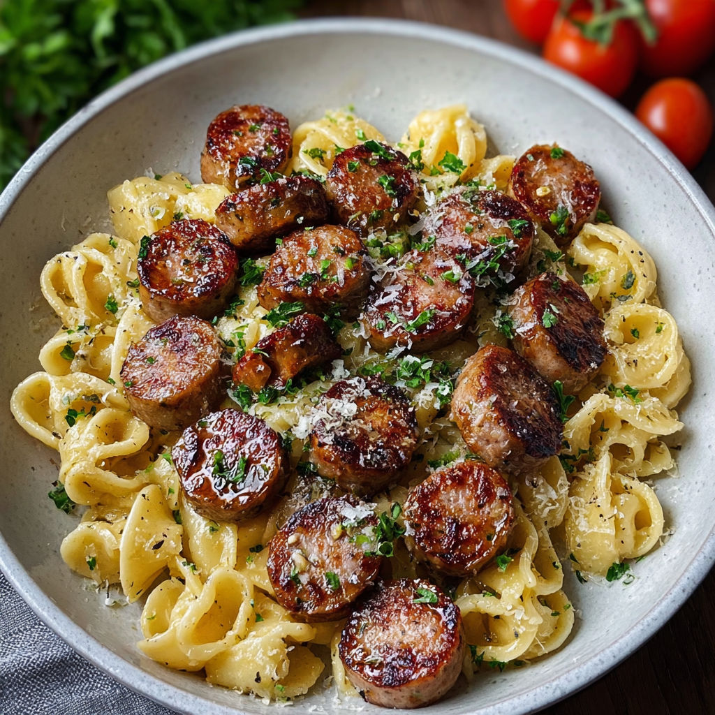 A bowl of garlic butter sausage bites.