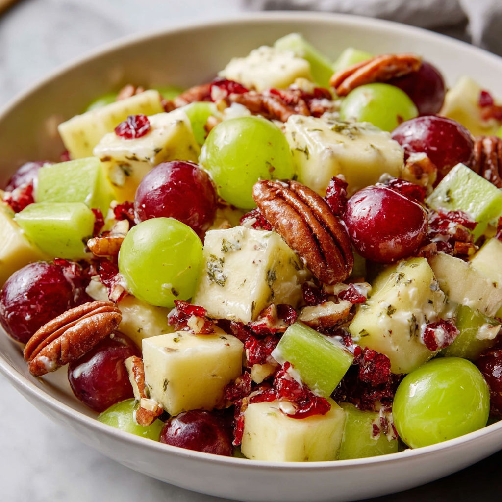 A bowl of fruit salad with grapes, apples, and nuts.