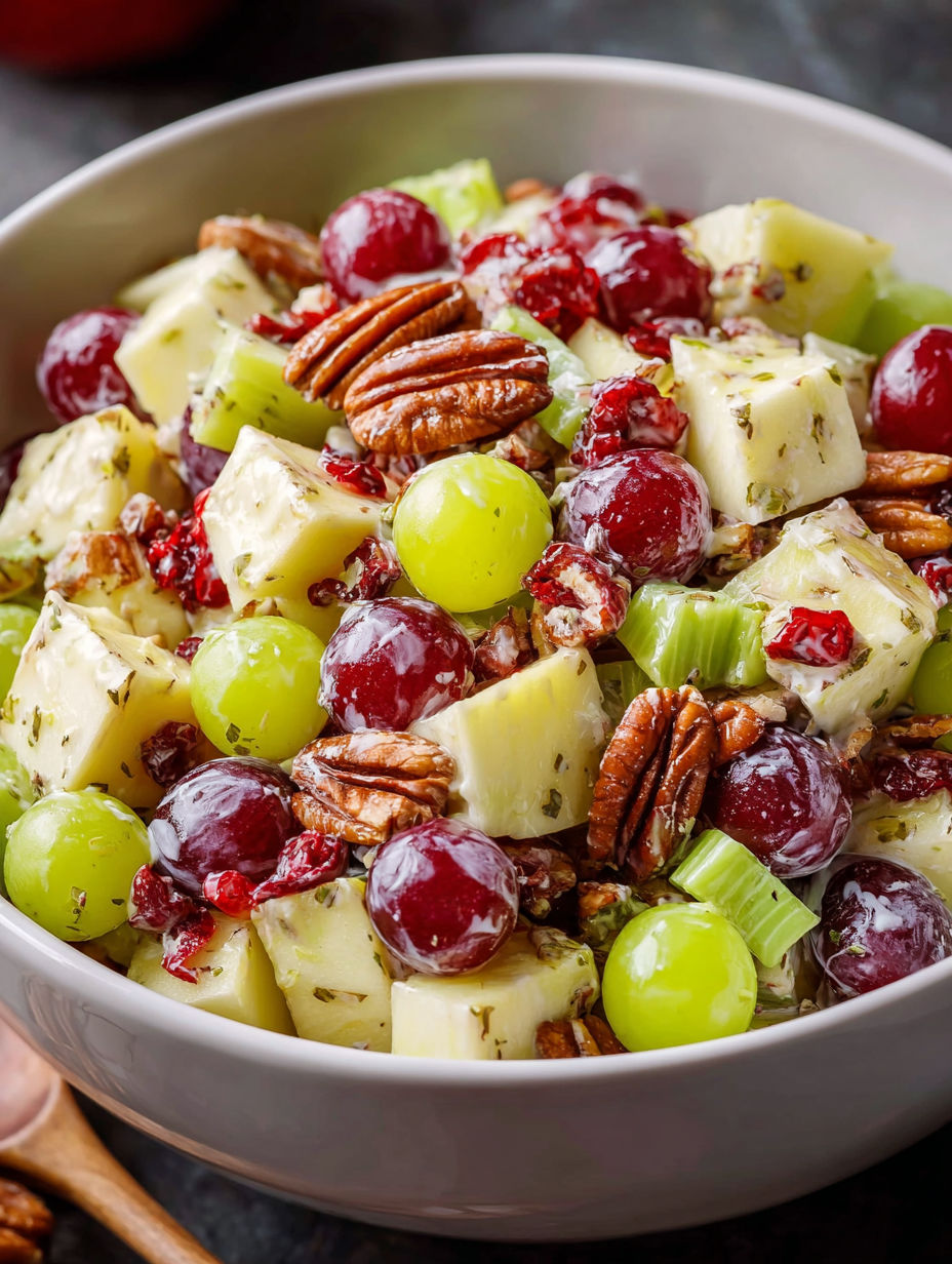 A bowl of fruit salad with grapes, apples, and walnuts.
