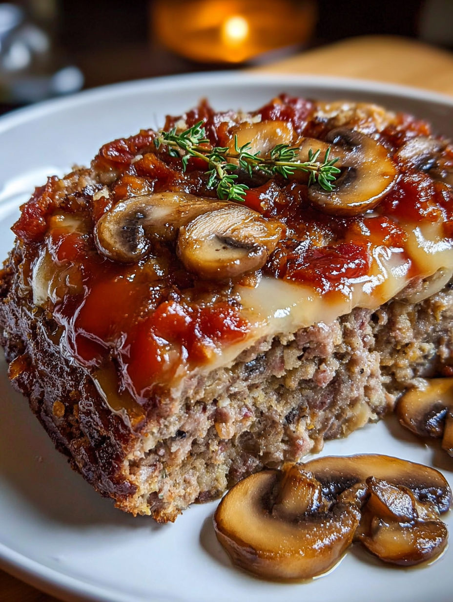 A slice of meatloaf with mushrooms and bacon on top.