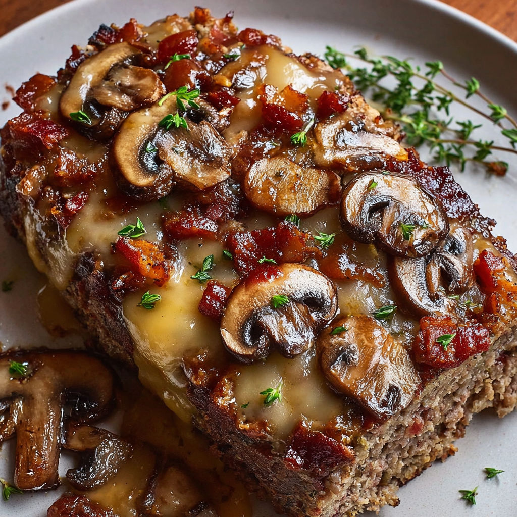 A slice of meatloaf with mushrooms and bacon on top.