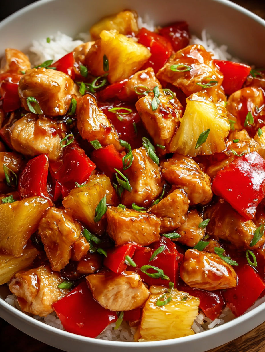 A dish of pineapple chicken with rice.