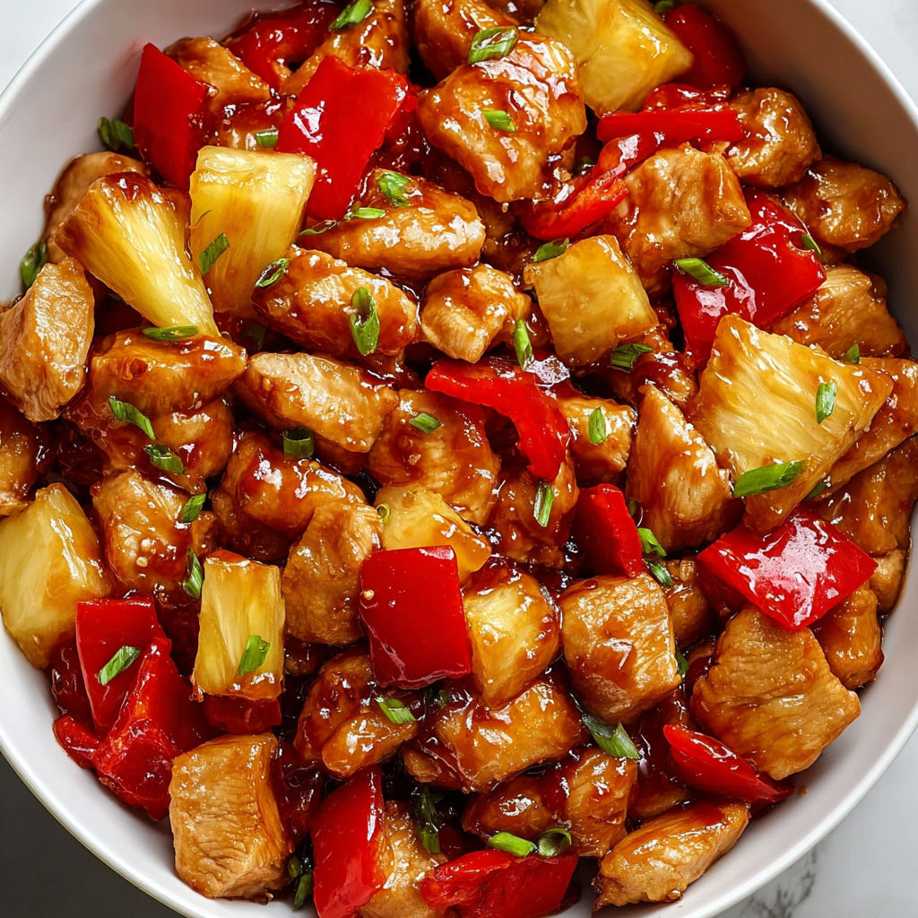 A bowl of pineapple chicken with red peppers.