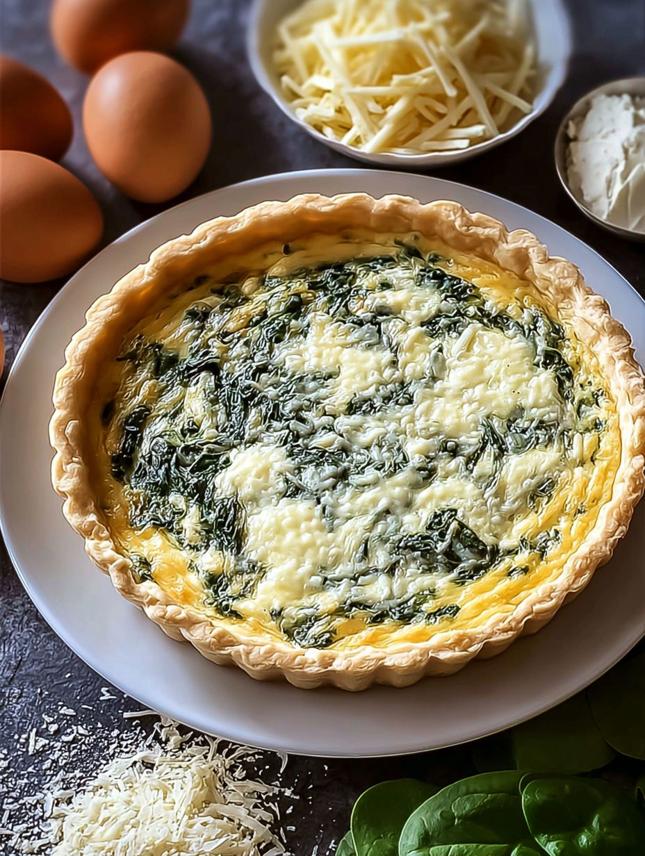 A quiche with spinach and ricotta cheese.